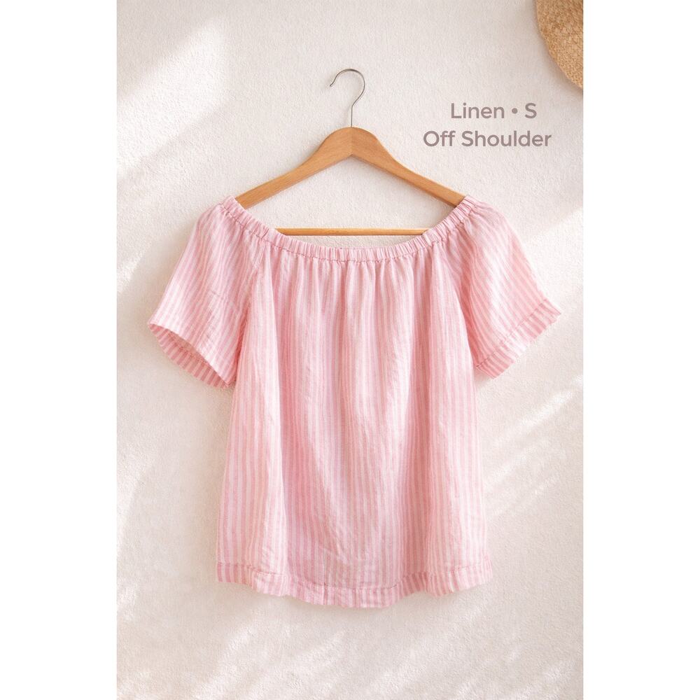 J.Crew Linen Off Shoulder Top Womens S Pink White Stripe Summer Blouse